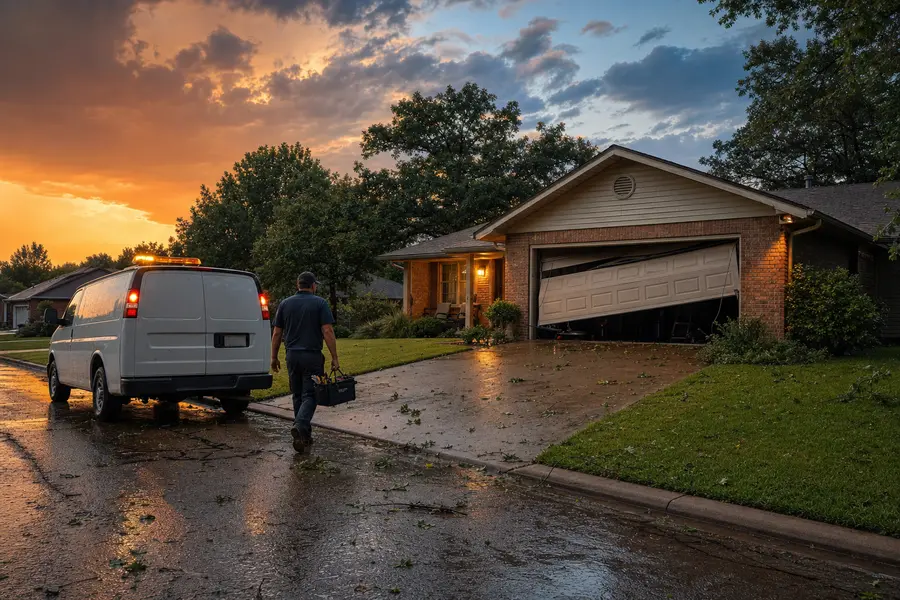 Garage door knocked crooked in its opening after an evening storm near Sapulpa