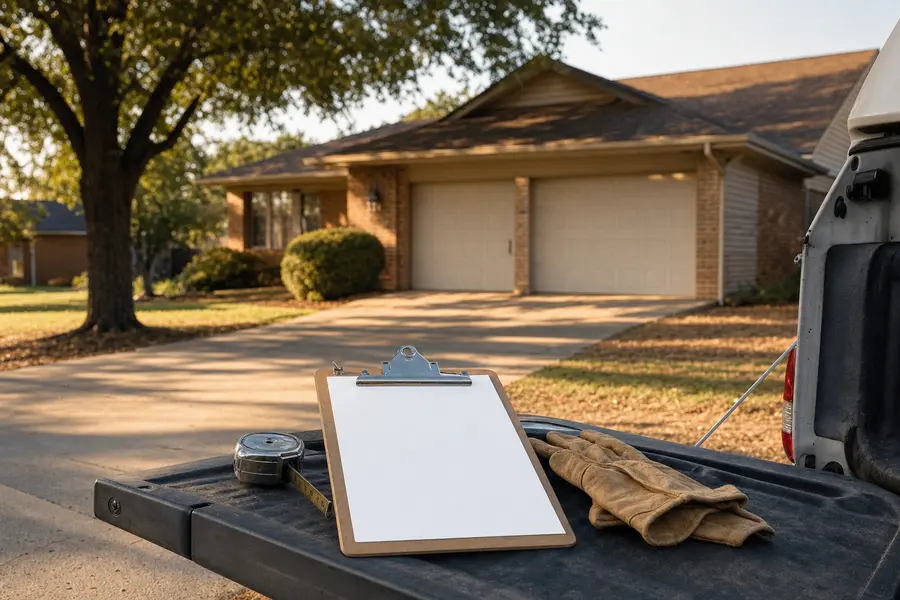 Estimate clipboard and tape measure on a truck tailgate in front of a Sapulpa garage