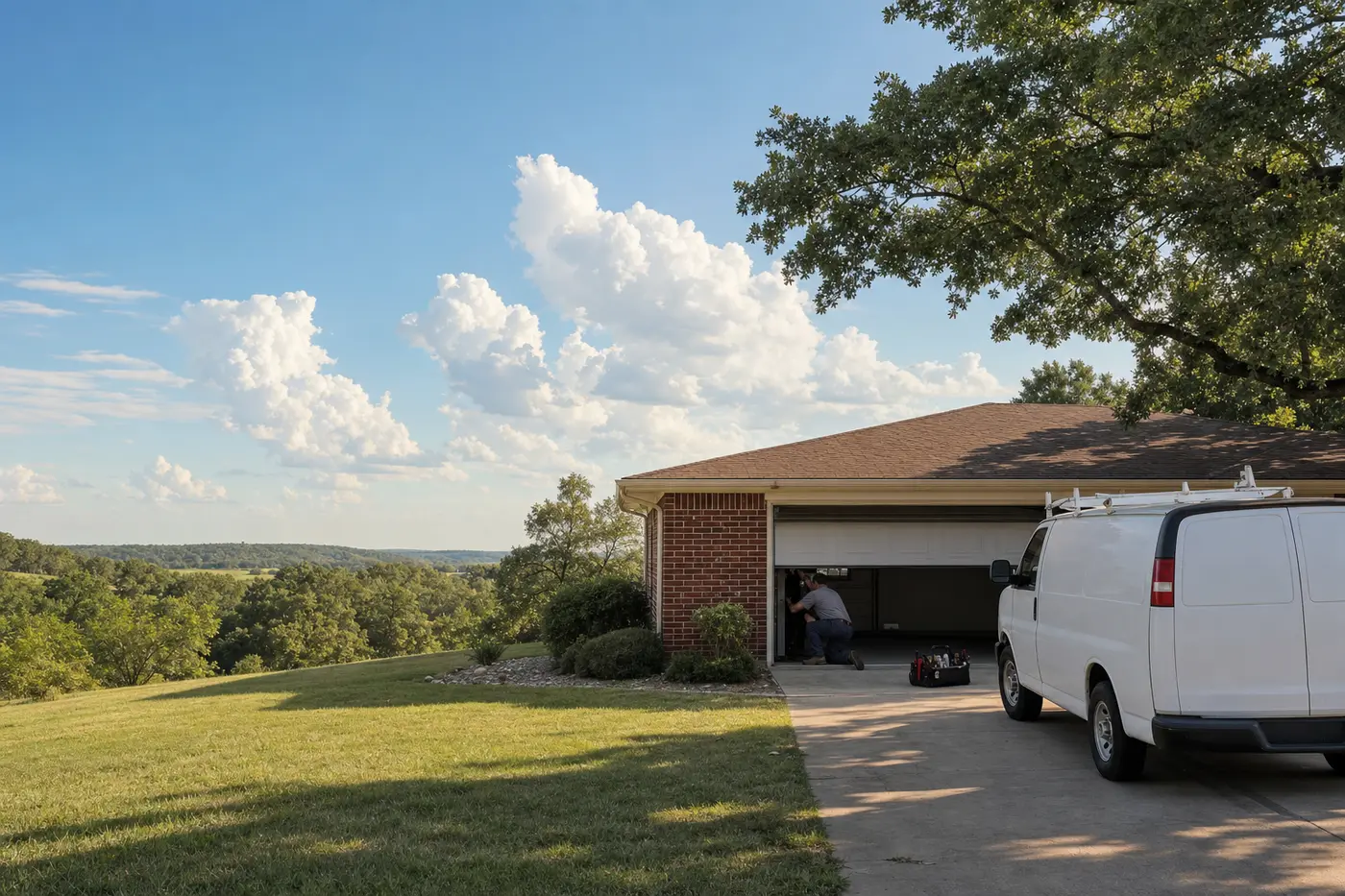 Garage door technician working on a raised door at a brick ranch home outside Sapulpa, Oklahoma