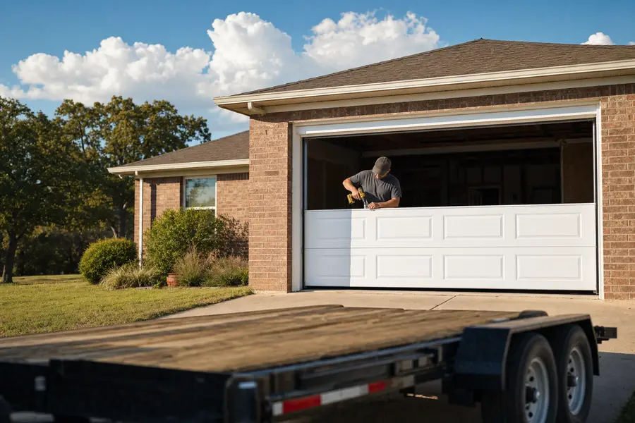 New white garage door sections seated in the tracks during an installation at a Sapulpa brick ranch