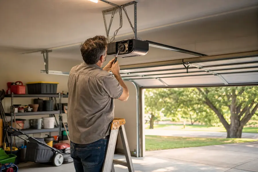 Technician repairing a ceiling-mounted garage door opener from a stepladder in a Sapulpa garage
