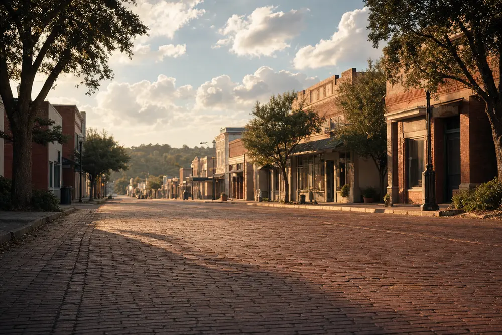 Brick-paved street through the old Route 66 downtown of Sapulpa at sunrise